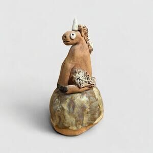 Art Pottery Signed Unicorn Whimsical Funny Ugly Clay Bell Rattle Figurine OOAC